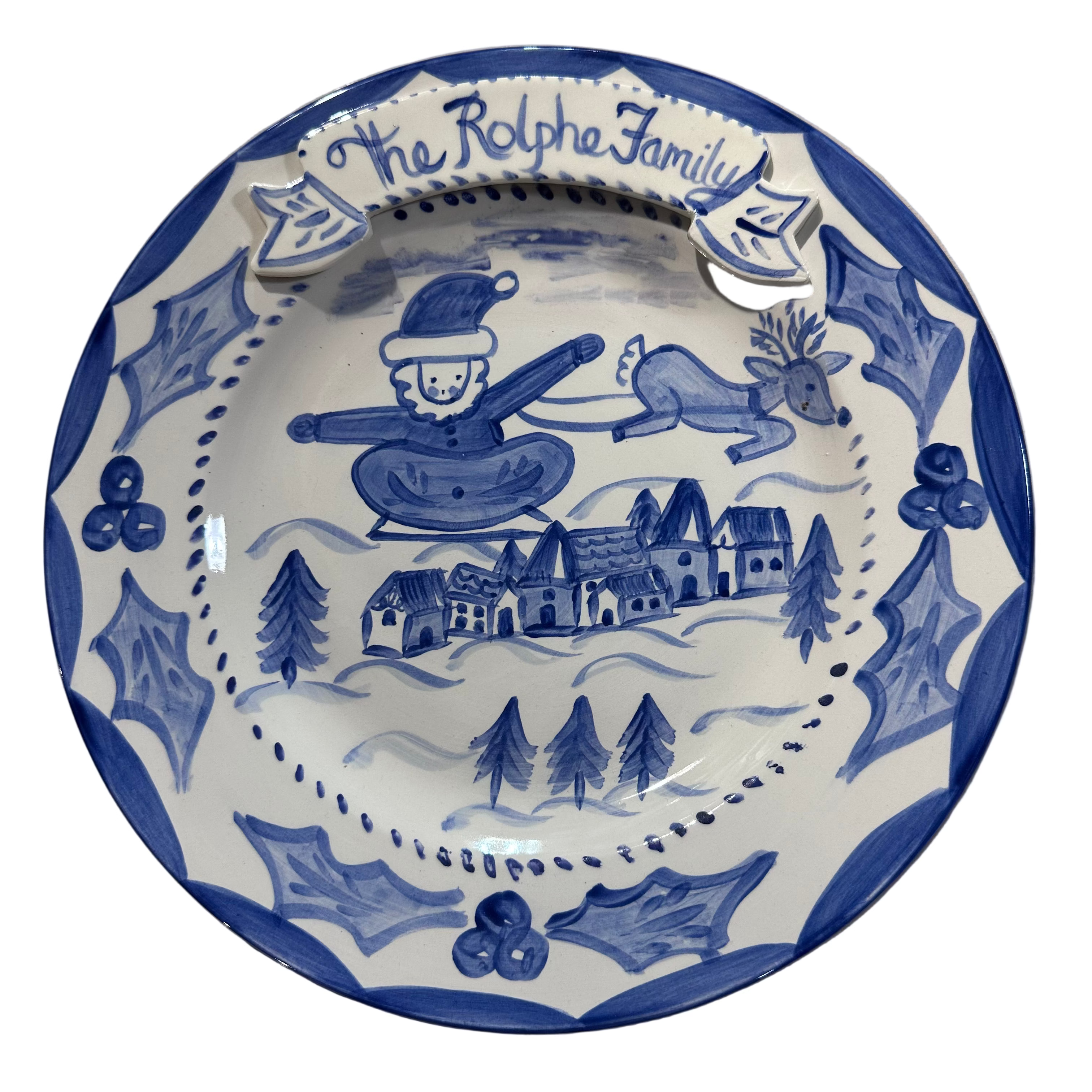 Blue and White Santa Village Plate with Plaque