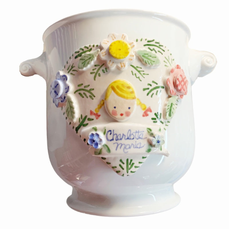 Cache Pot with One Face & Flowers - Premium  from Tricia Lowenfield Shop 