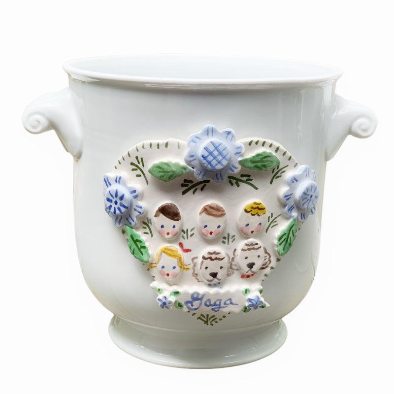 Cache Pot with Children's Faces - Blue Flowers and Heart - Premium  from Tricia Lowenfield Design 