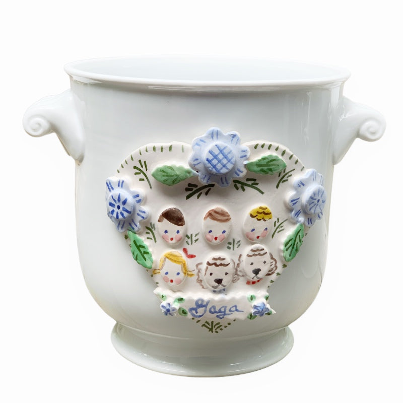 Cache Pot with Children's Faces - Blue Flowers and Heart - 1