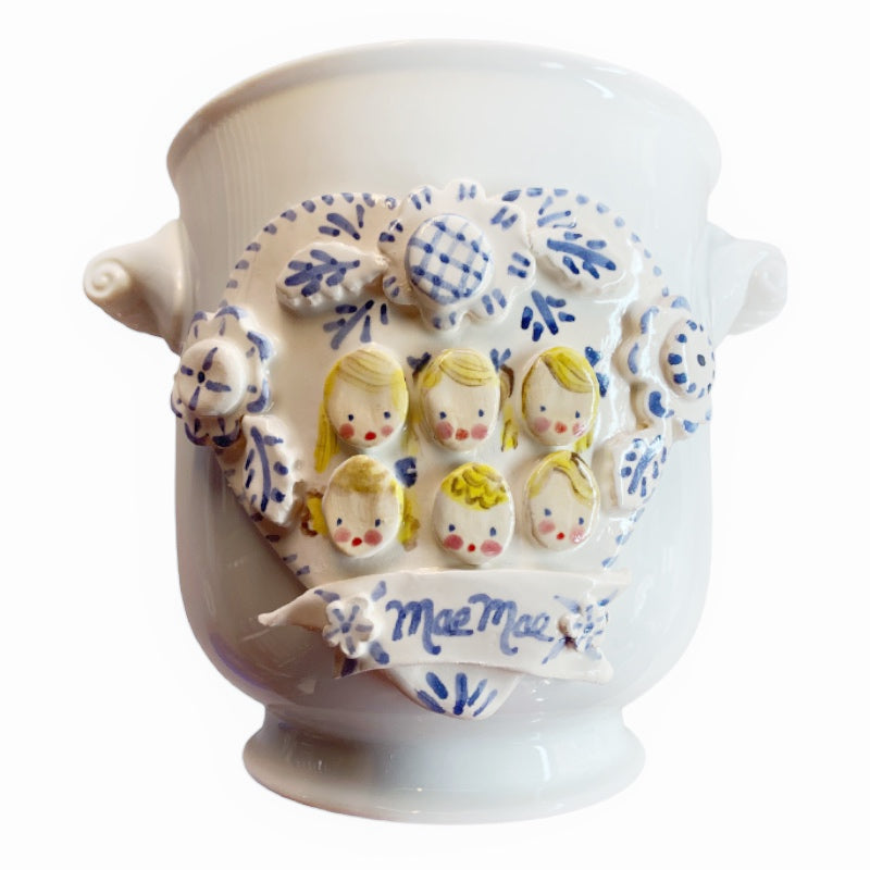 Cache Pot with Children's Faces - Heart in Blue & White