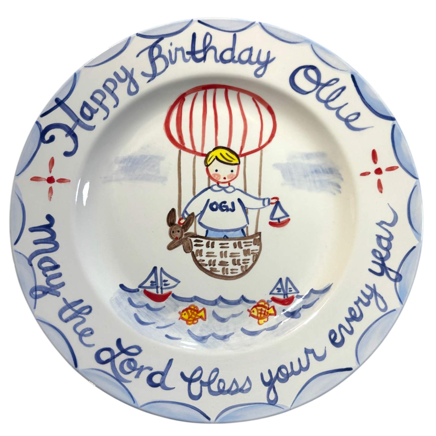 Ollie Birthday Plate - Hot Air Balloon, Sailboats