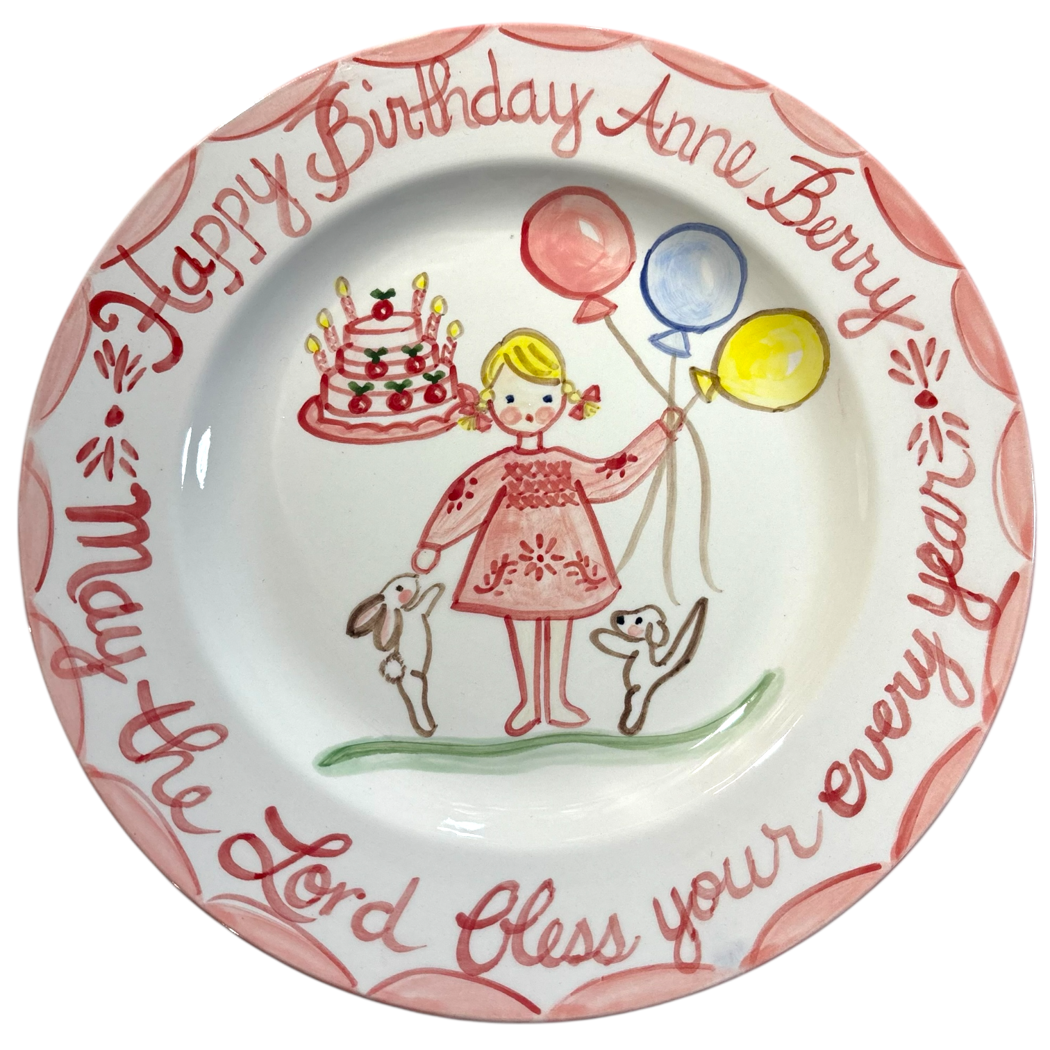 Anne Berry Birthday Plate - Pink Dress, Cake, Animals, Balloons