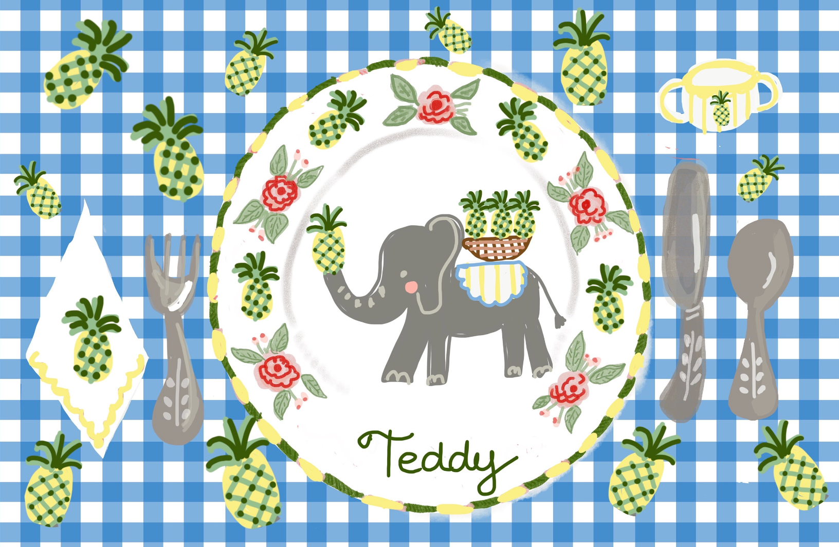 Teddy Laminated Placemat - Elephant and Pineapple