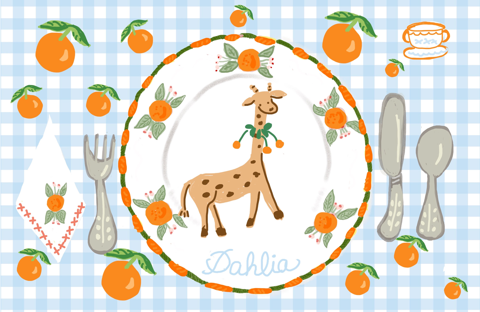 Dahlia Laminated Placemat - Giraffes and Oranges