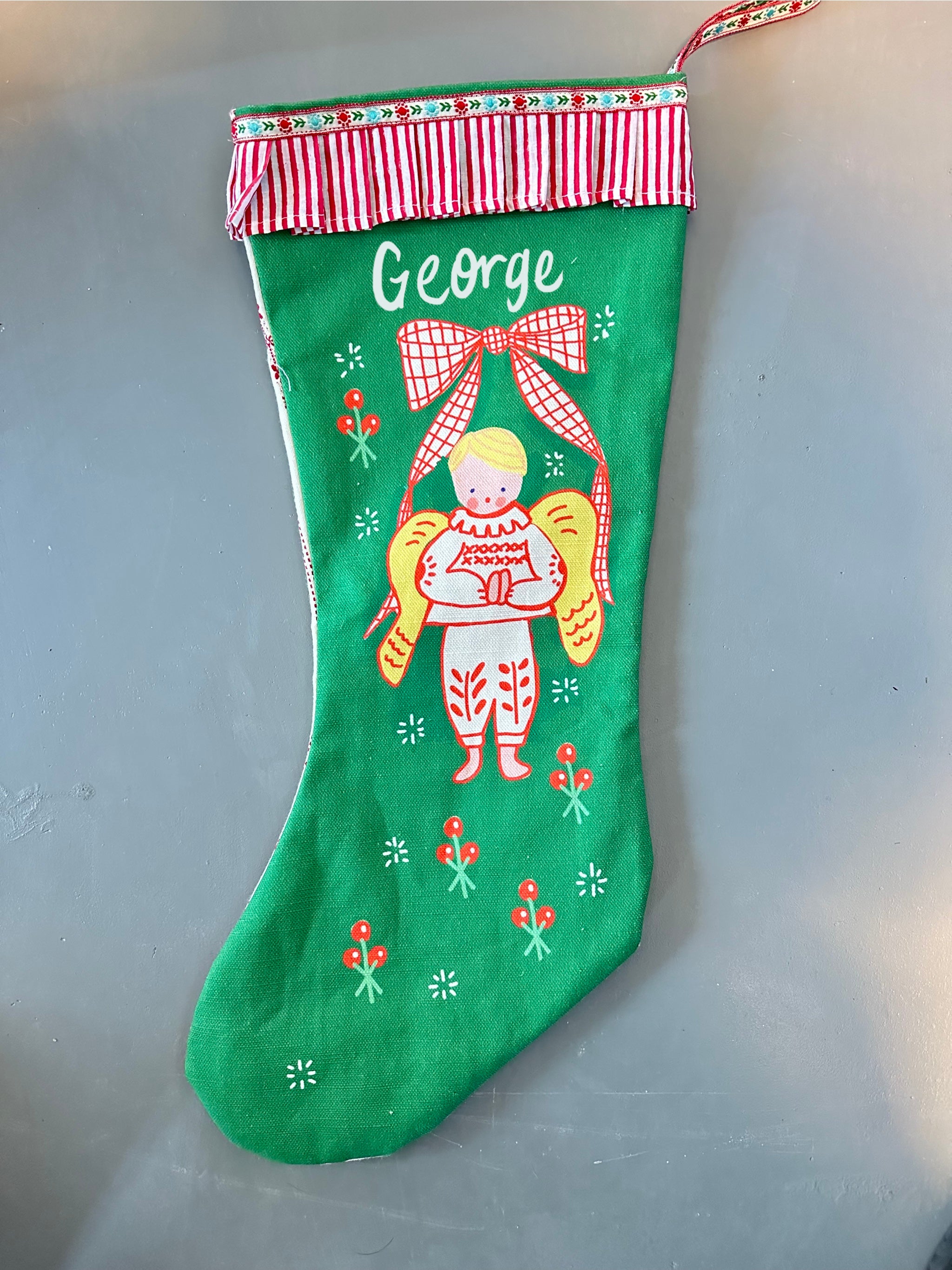 Green Angel Stocking - Boy - Premium  from Tricia Lowenfield Design 