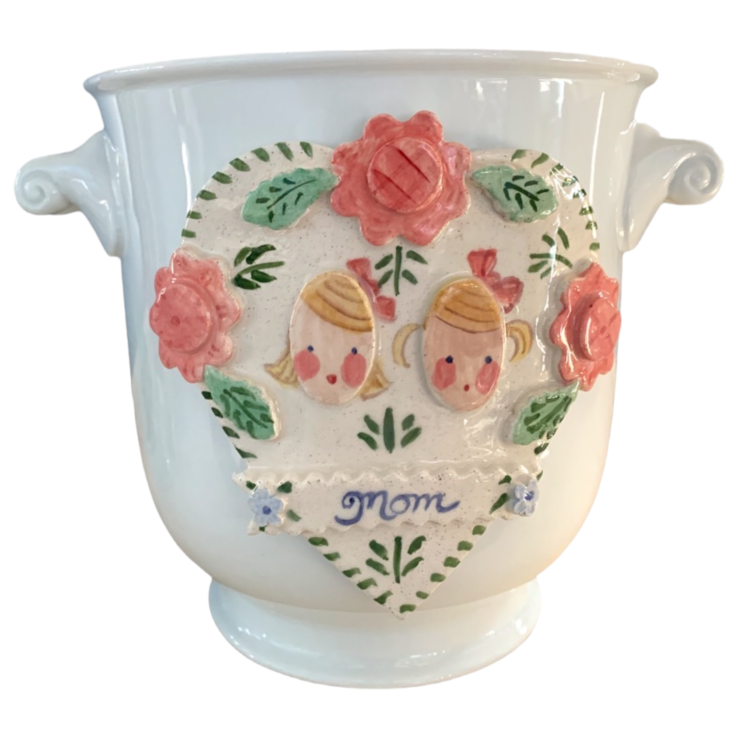Cache Pot with Children's Faces - Pink Flowers and Heart