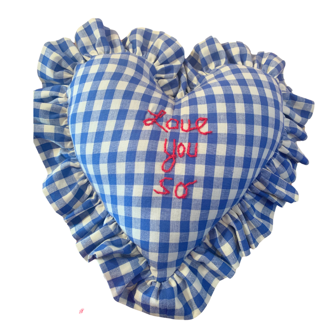 Heart Ruffle Pillow - Love You So - blue gingham - Premium  from Tricia Lowenfield Design 