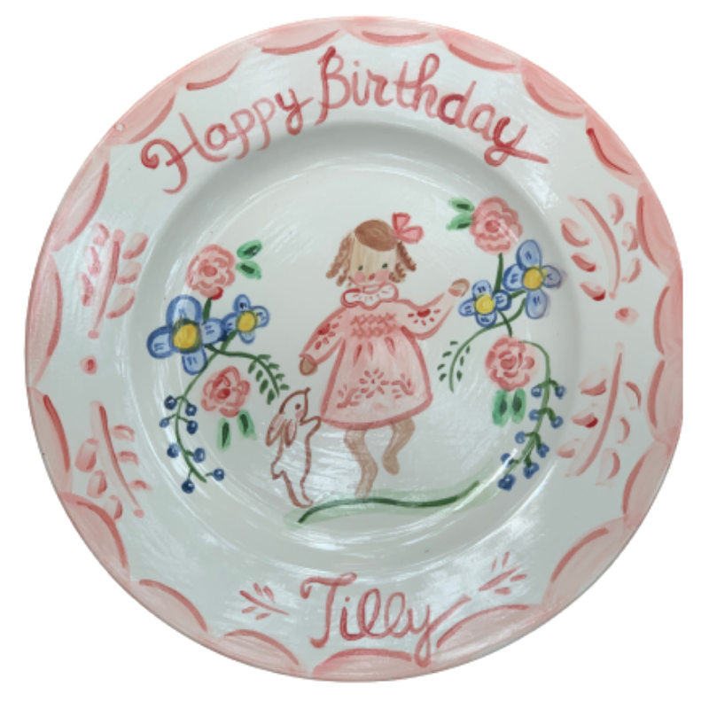 Birthday Plate - Pink Girl with Tall Flowers (Full Color) - Premium  from Tricia Lowenfield Shop 