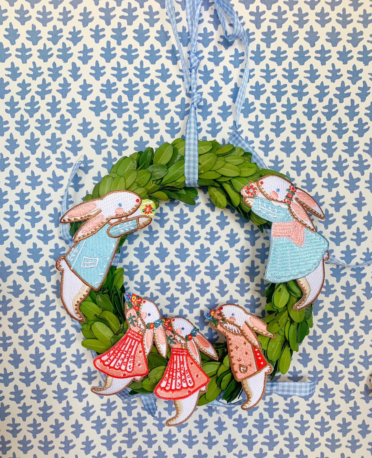 Embroidered Bunny Family Ornaments on Preserved Laurel Wreath