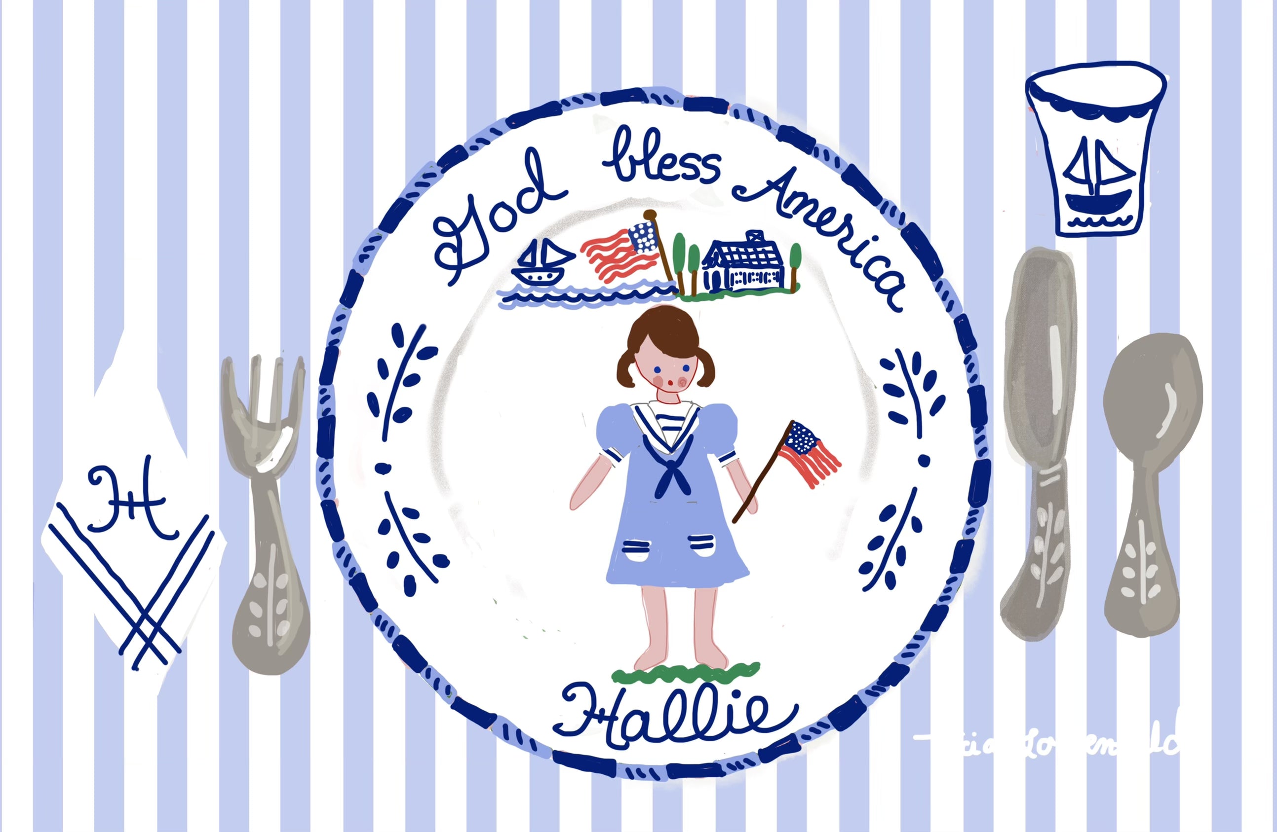 God Bless America Blue Striped Portrait Placemat (personalized) - Premium Placemat from Tricia Lowenfield Shop 