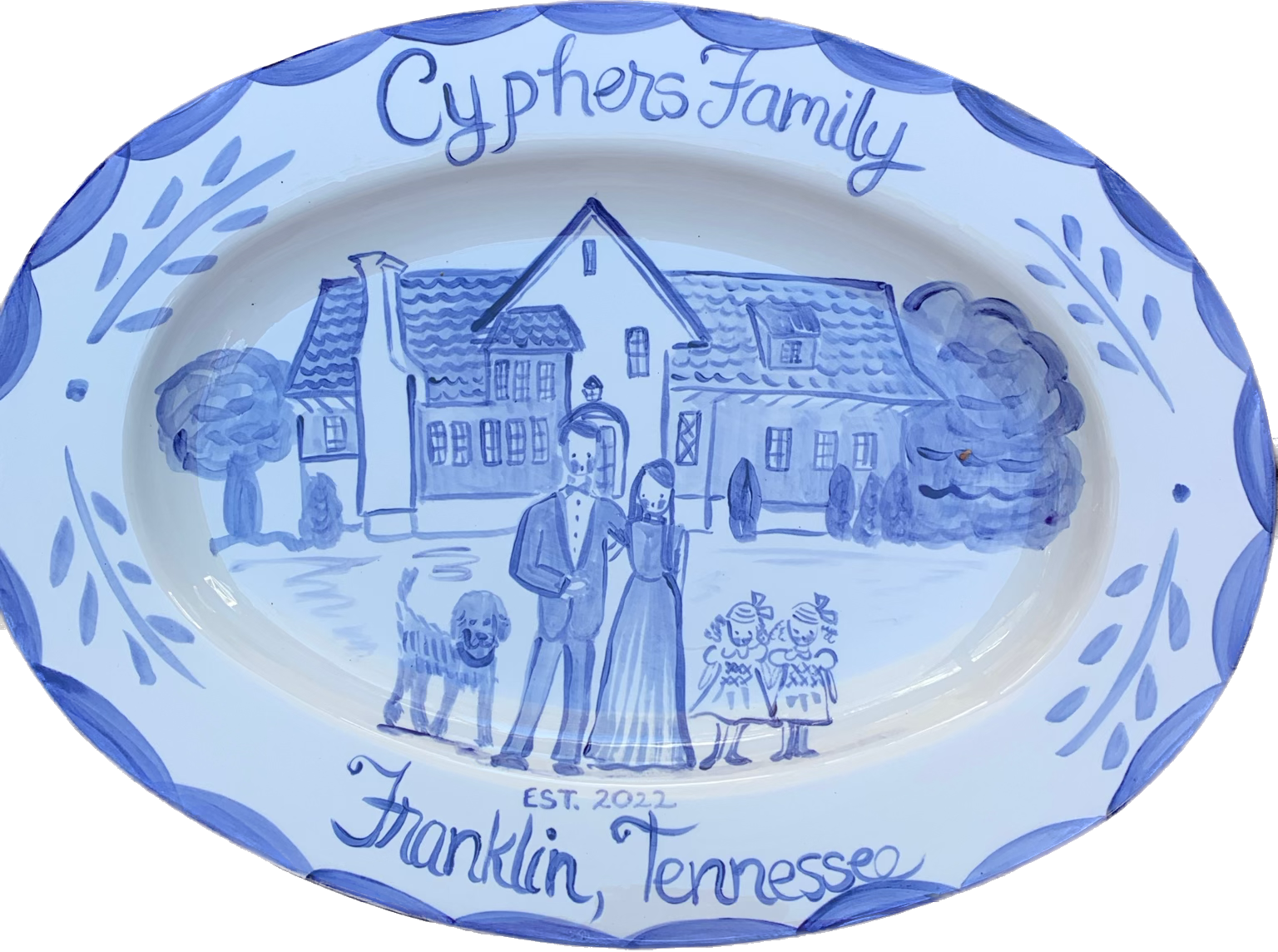 Large Custom Platter - Family and House (Blue and White) - Premium Platter from Tricia Lowenfield Design 
