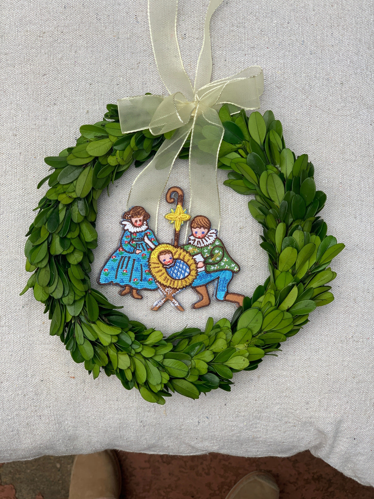 Embroidered Nativity Ornament in Preserved Laurel Wreath