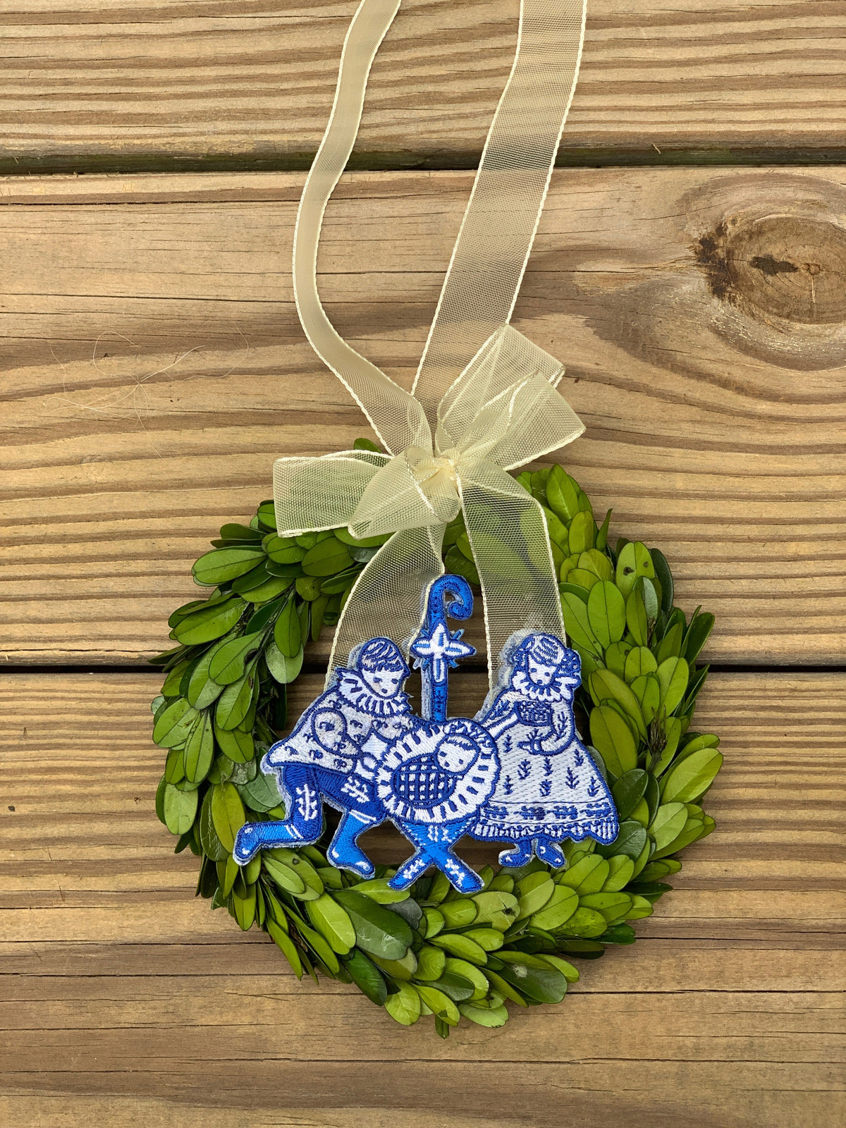 Embroidered Nativity Ornament in Preserved Laurel Wreath