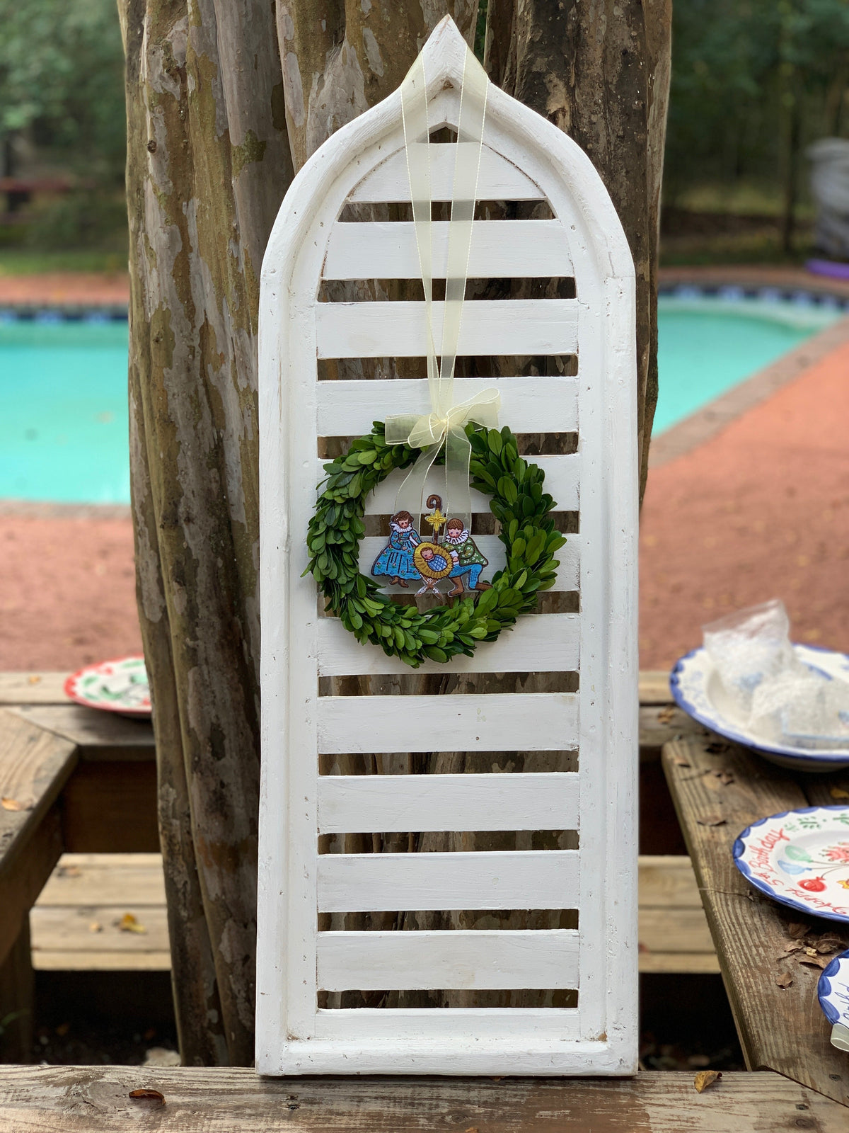 Embroidered Nativity Ornament in Preserved Laurel Wreath