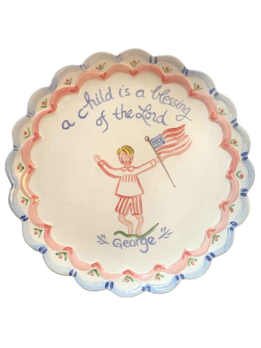 Blessing Scalloped Plate (Boy with Flag) - Premium  from Tricia Lowenfield Shop 