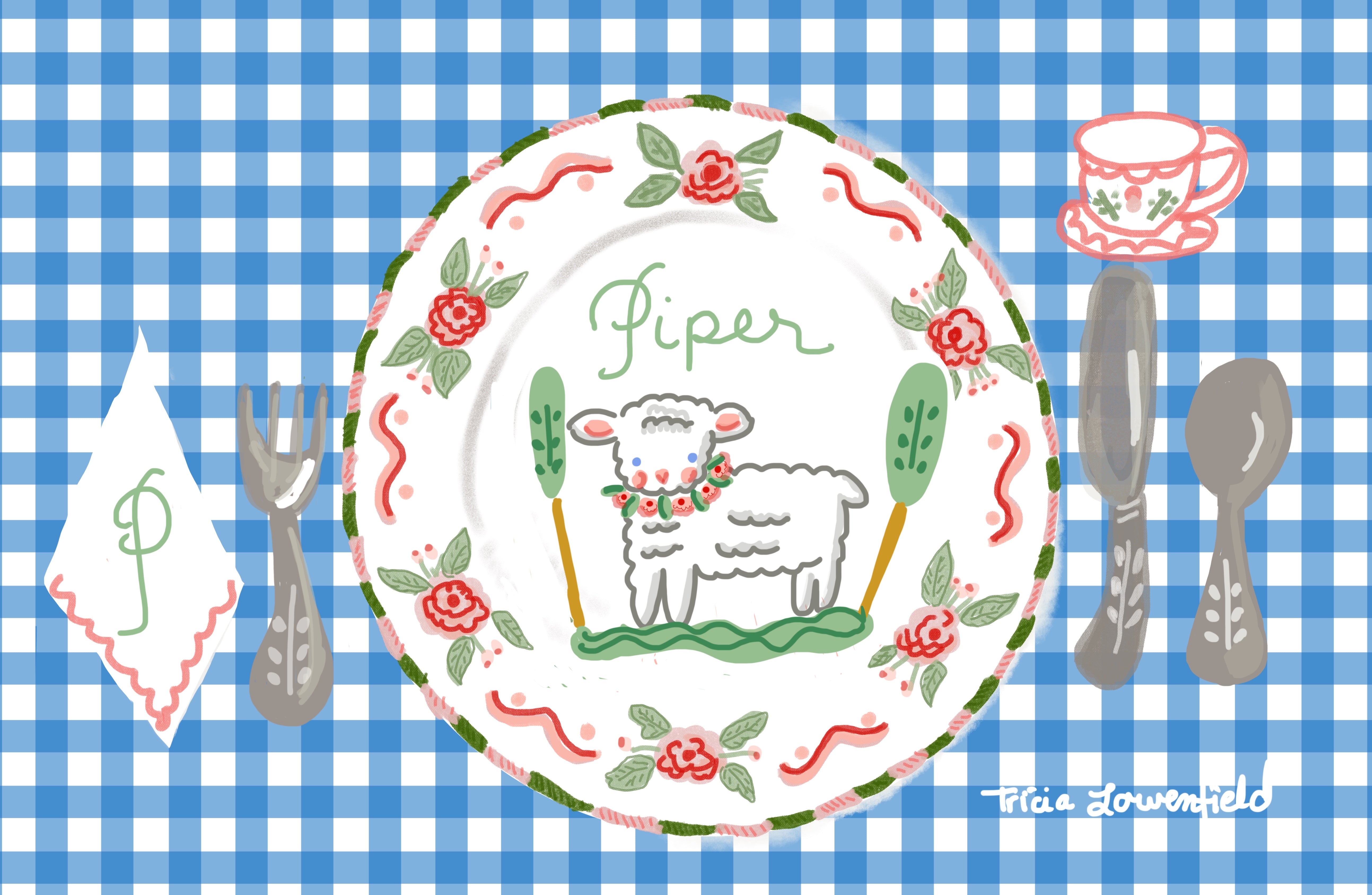 Blue Gingham Lamb Placemat (personalized) - Premium Placemat from Tricia Lowenfield Shop 