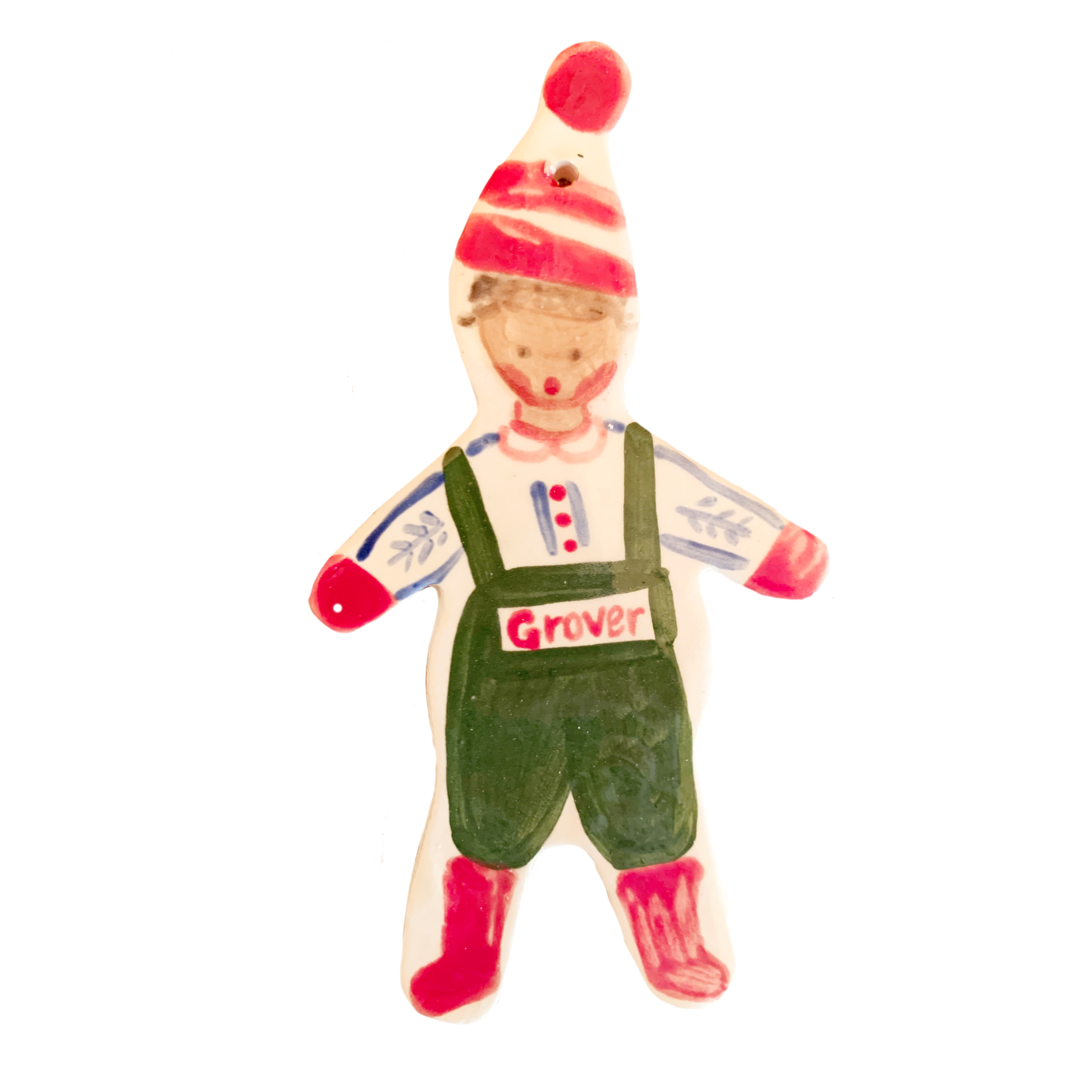 Christmas Boy Ornament - Green Overalls - Tricia Lowenfield Design