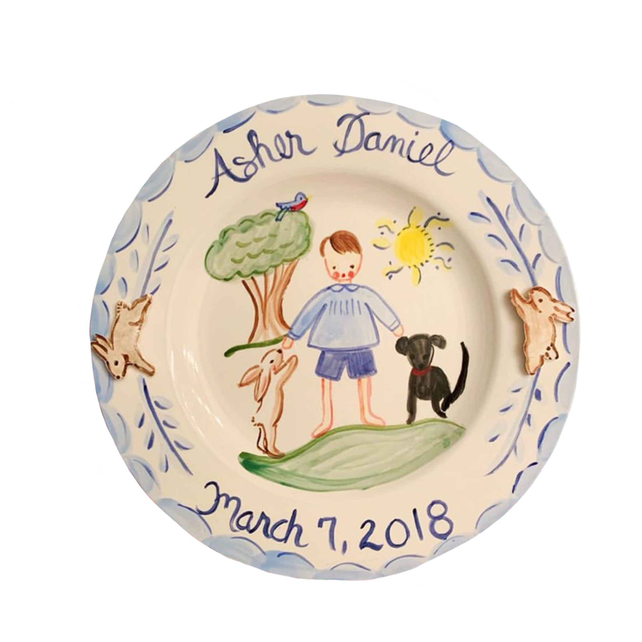 Personalized Plate - Boy with Bunny and Dog - Tricia Lowenfield Design