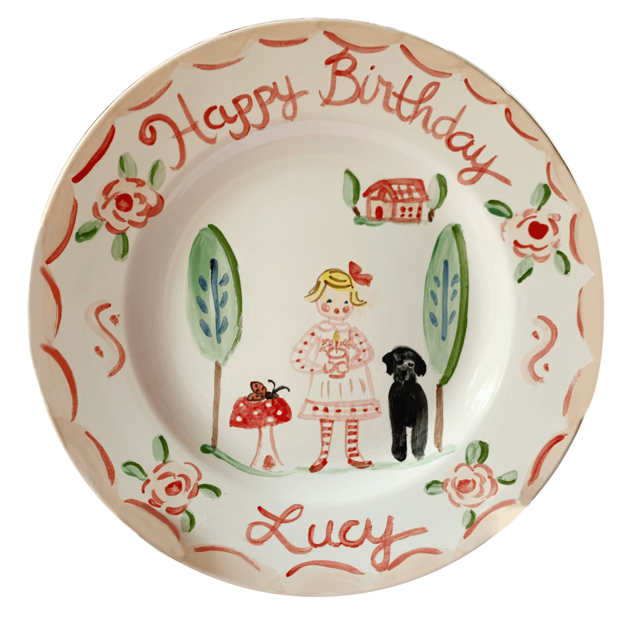 Birthday Plate - Mushroom and Black Dog - Tricia Lowenfield Design