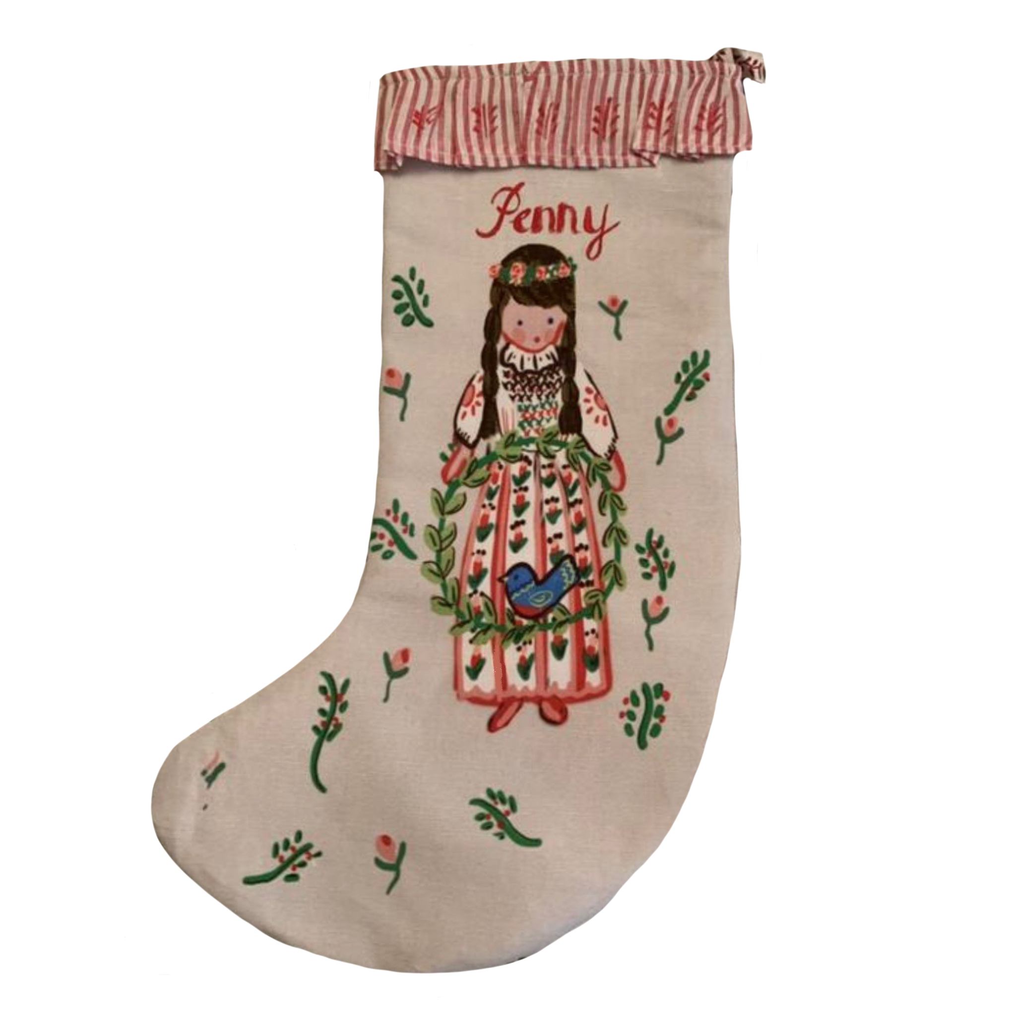 Stocking - Girl with Wreath and Bluebird - Tricia Lowenfield Design