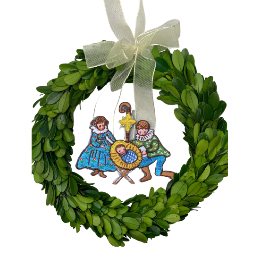 Embroidered Nativity Ornament in Preserved Laurel Wreath