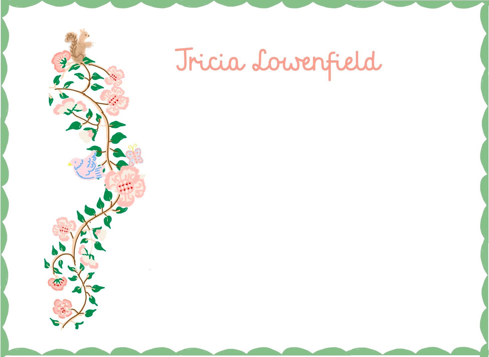 Personalized Notecards with Envelopes - Pink and Green Vine - Tricia Lowenfield Design