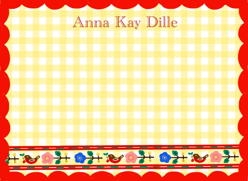 Personalized Notecards with Envelopes -Yellow Gingham Red Border - Premium  from Tricia Lowenfield Shop 