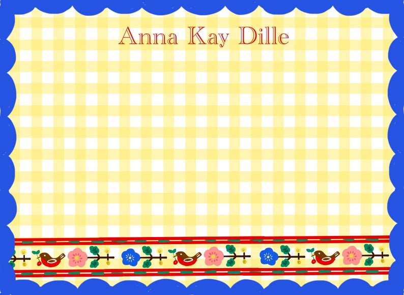 Personalized Notecards with Envelopes -Yellow Gingham Blue Border - Tricia Lowenfield Design