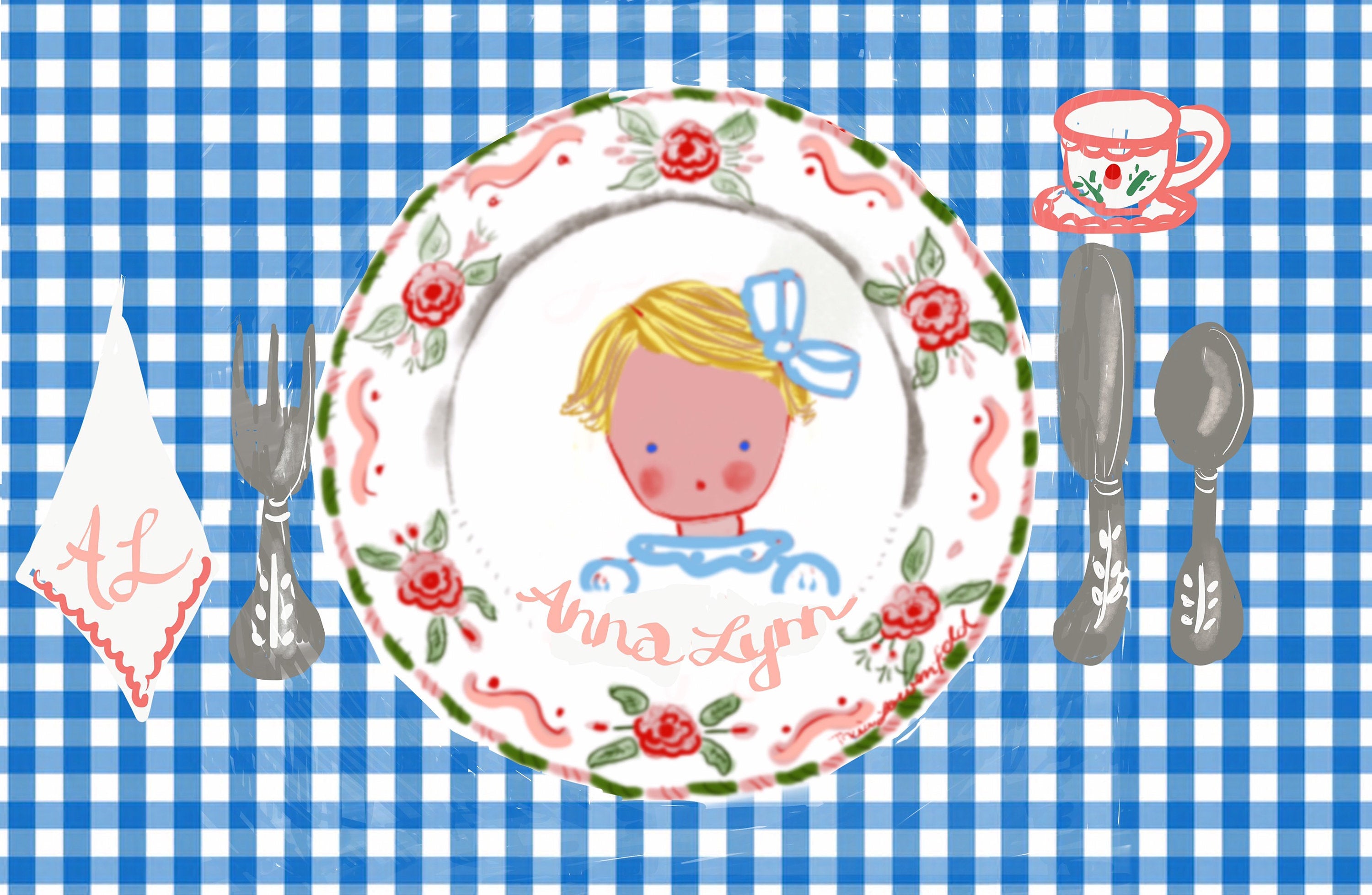 Laminated Placemat - Blue Gingham Girl - Premium  from Tricia Lowenfield Shop 