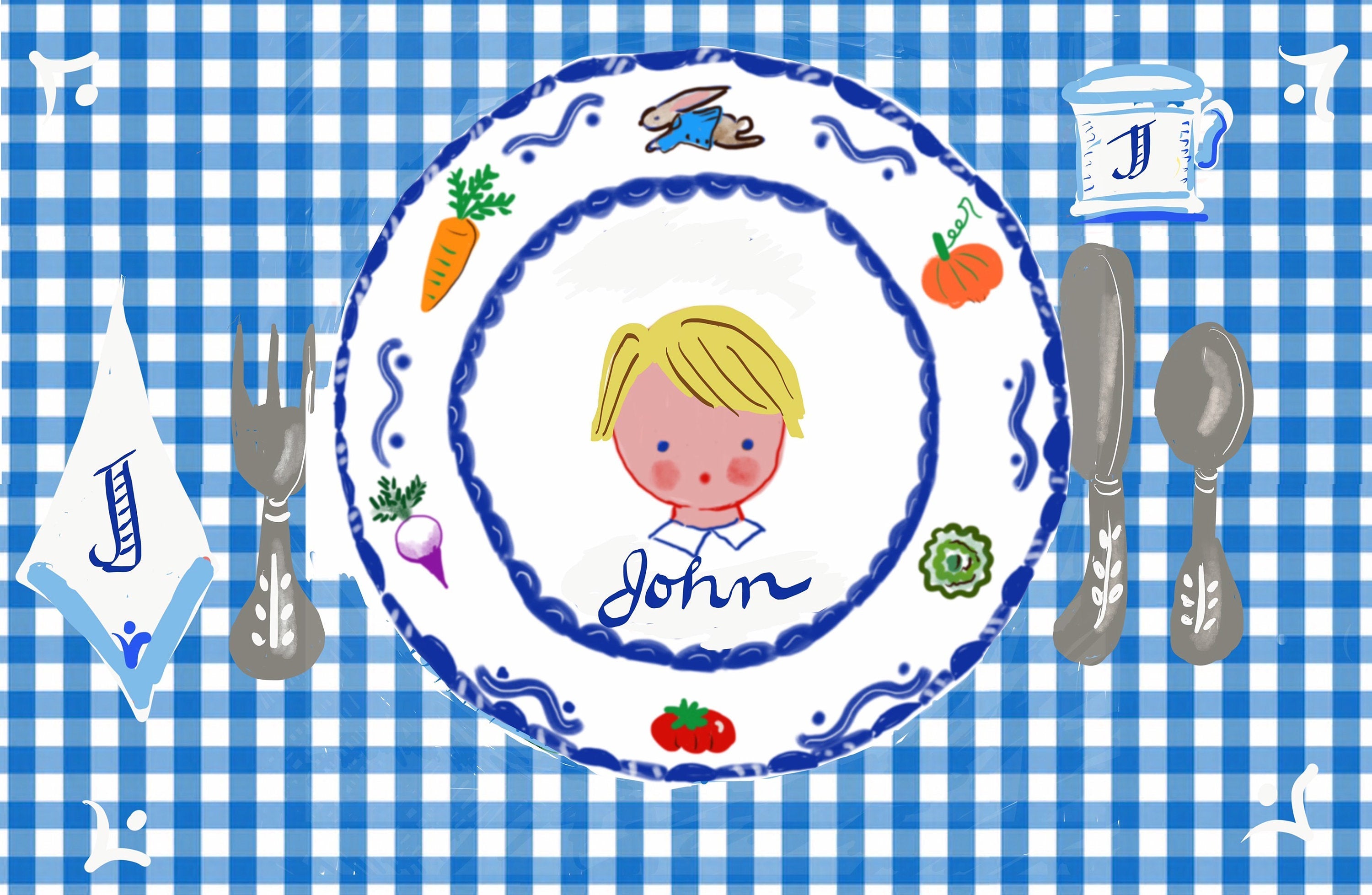 Laminated Placemat - Boy with Rabbit Garden - Premium  from Tricia Lowenfield Shop 