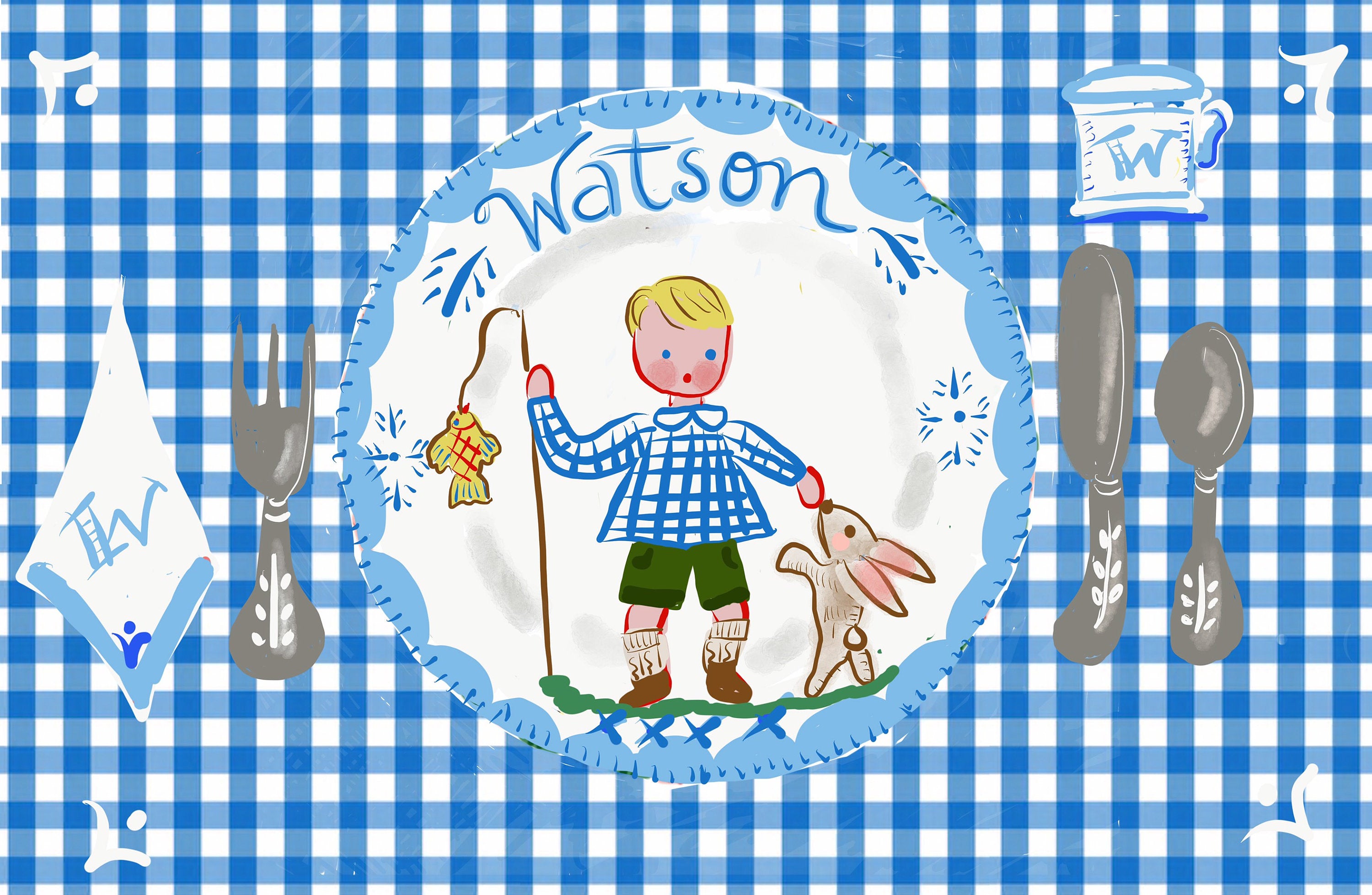 Laminated Placemat - Fisherman Boy and Bunny - Tricia Lowenfield Design