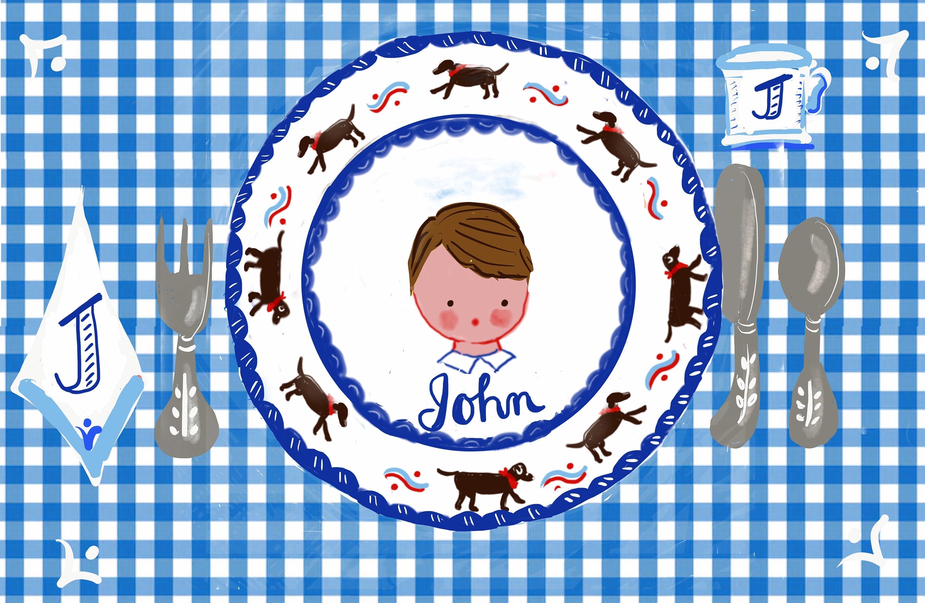 Laminated Placemat - Boy with Dogs - Premium  from Tricia Lowenfield Shop 