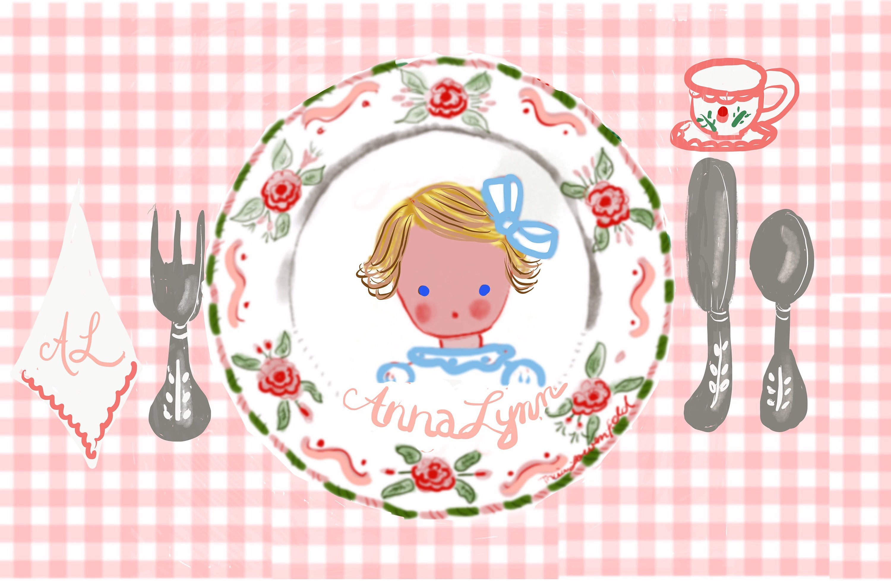 Laminated Placemat - Pink Gingham Girl - Premium  from Tricia Lowenfield Shop 