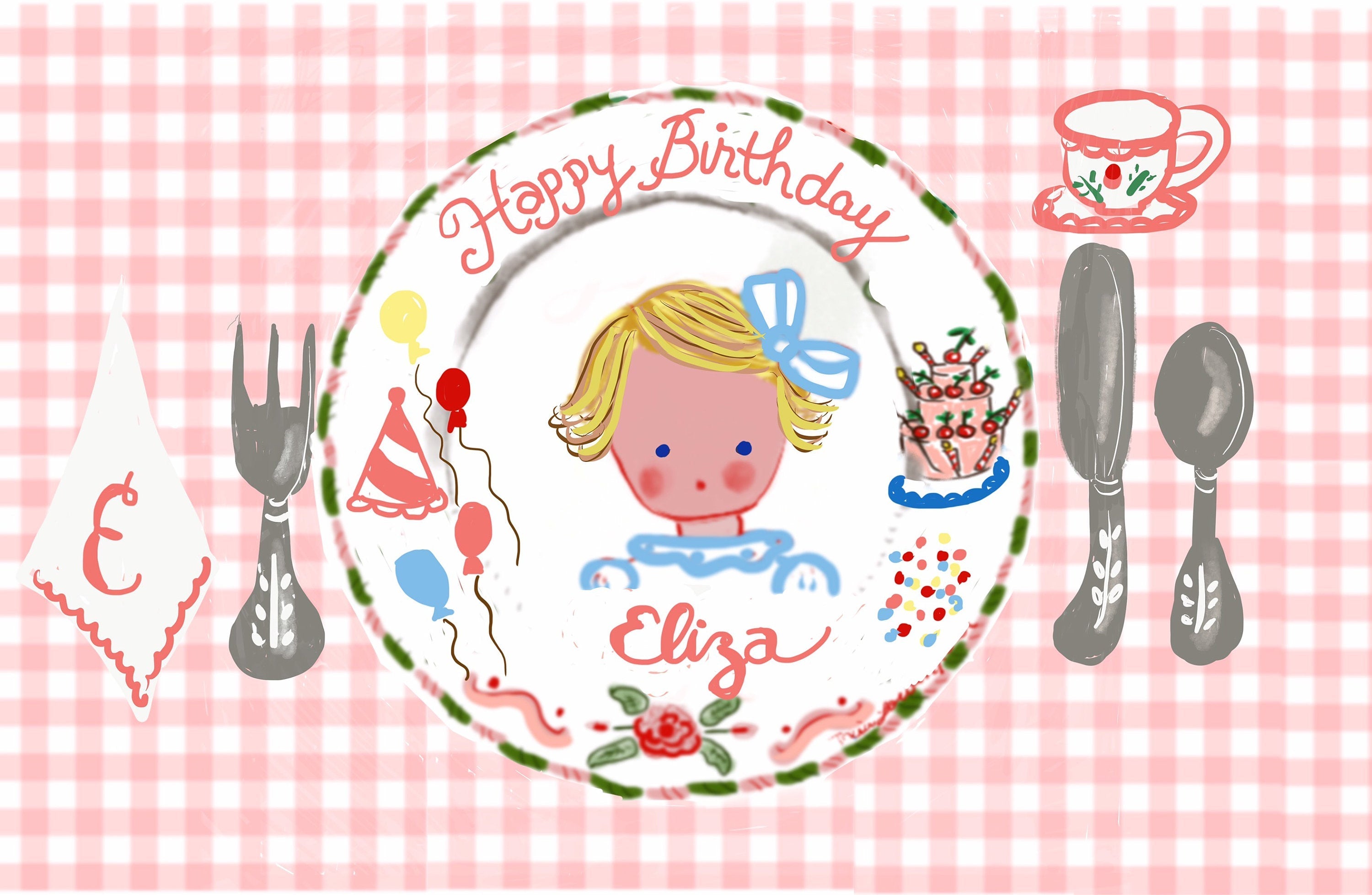 Laminated Placemat - Pink Gingham Girl Birthday - Premium  from Tricia Lowenfield Shop 