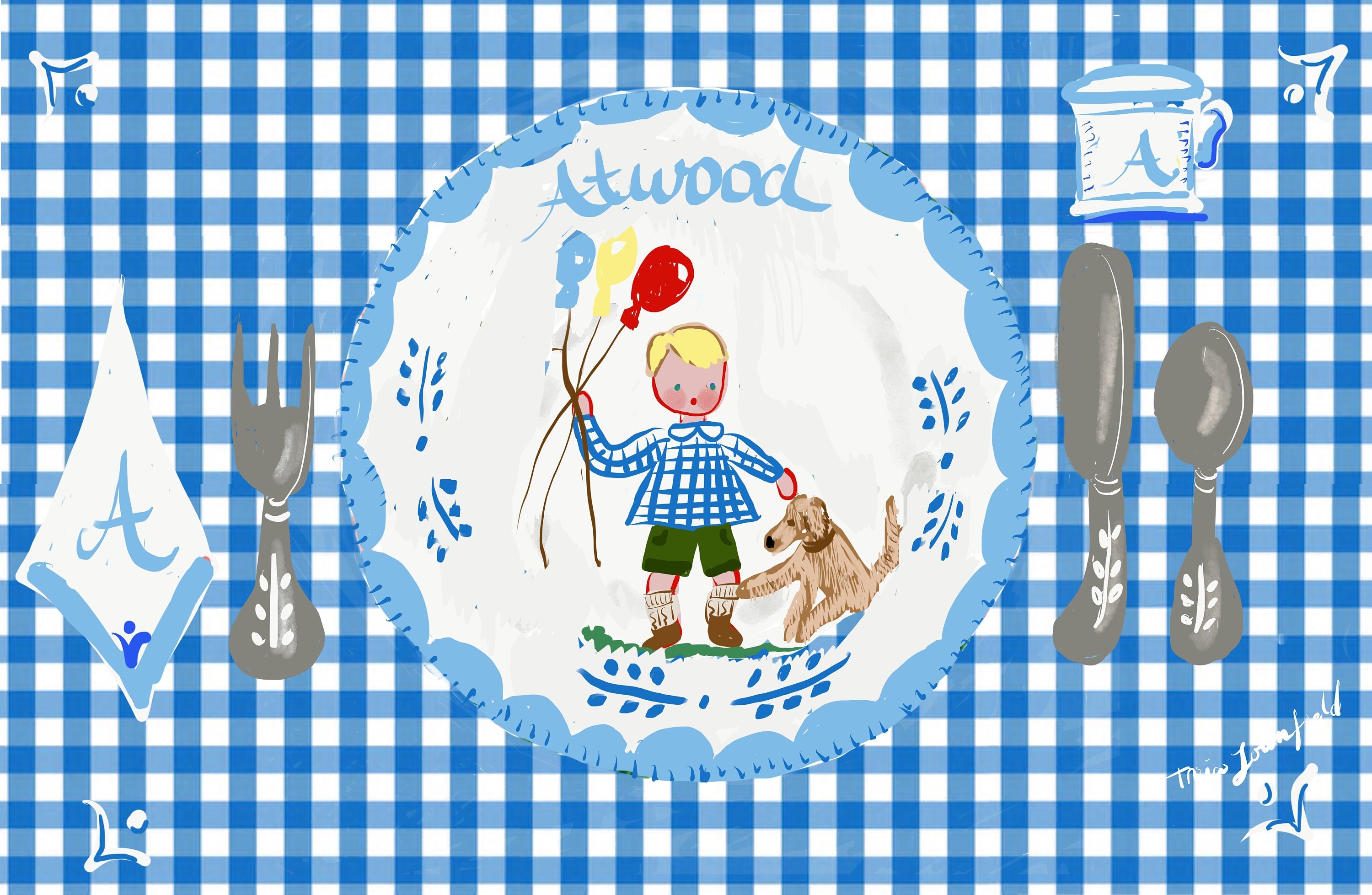 Laminated Placemat - Boy with Balloons and Dog - Premium  from Tricia Lowenfield Shop 