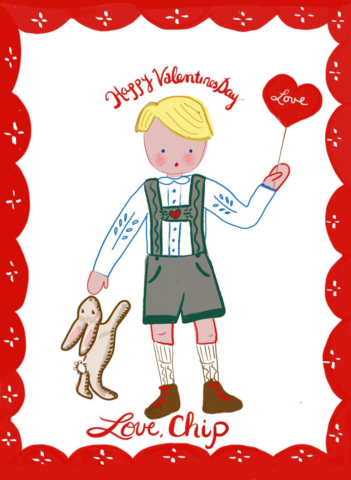 Valentine Cards - Boy in Green and Grey Overalls