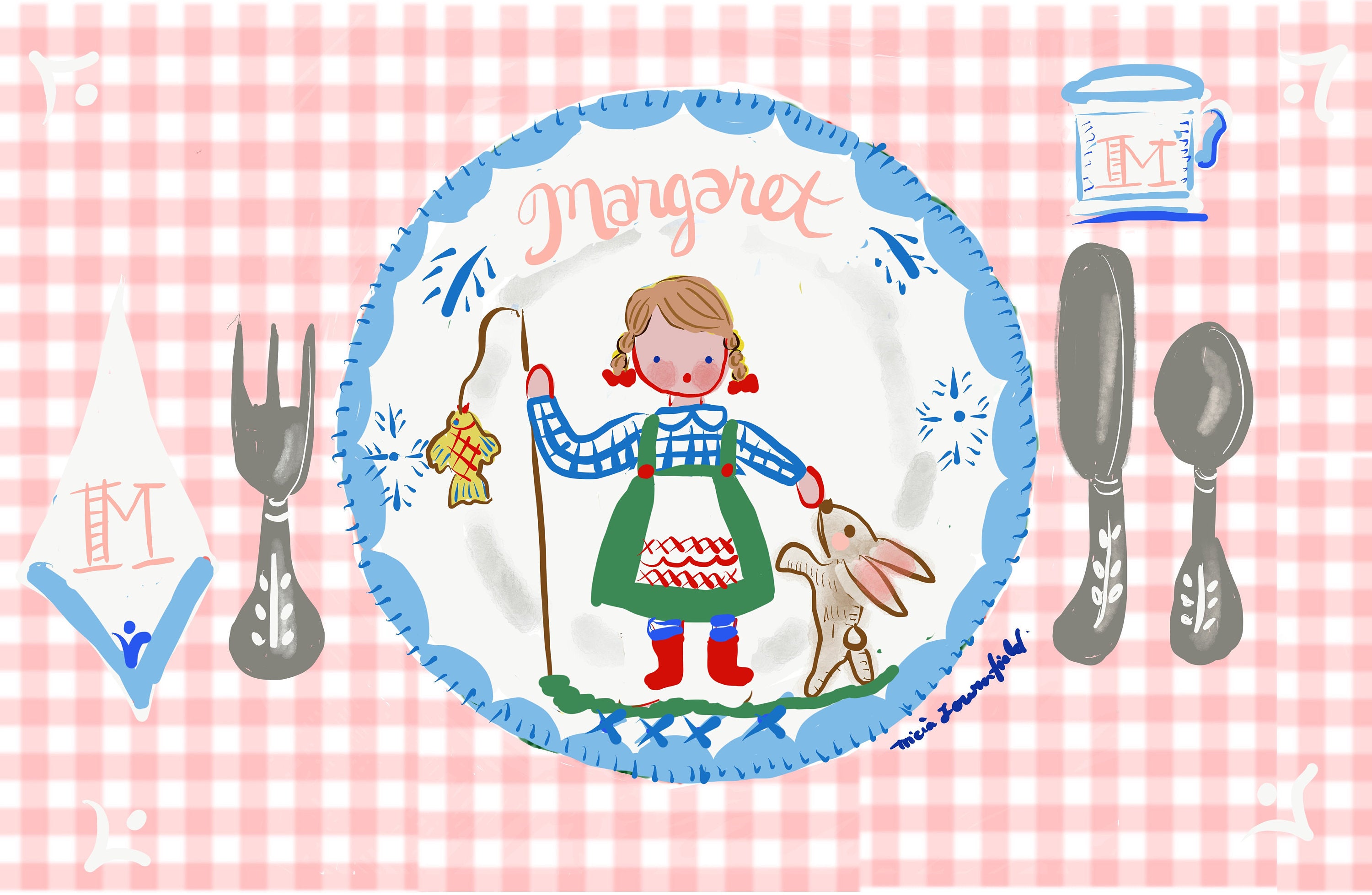 Laminated Placemat - Pink Fisherman Girl and Bunny - Tricia Lowenfield Design