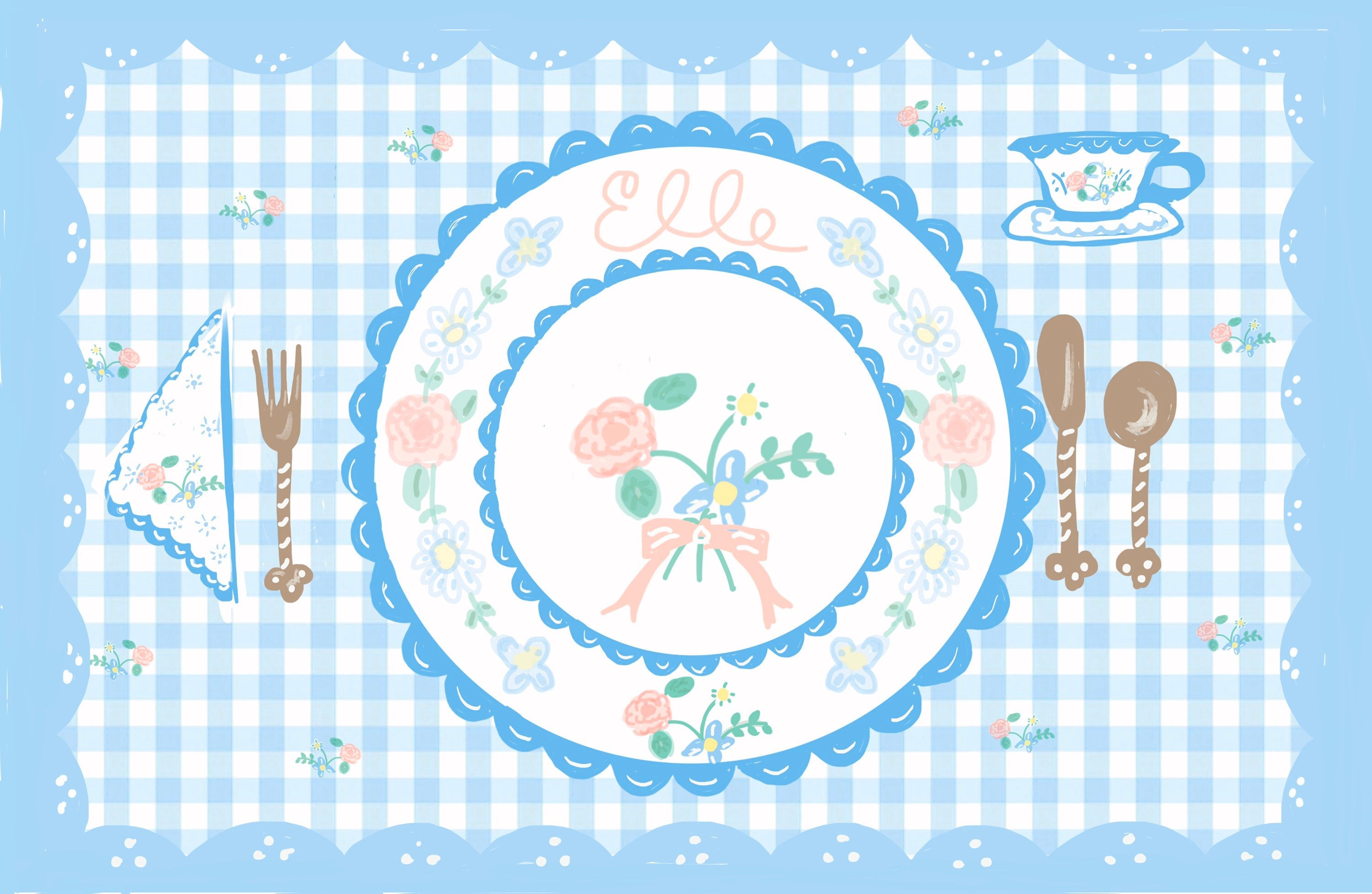 Laminated Placemat - Pastel Blue Gingham (Collaboration with Born on Fifth) - Tricia Lowenfield Design