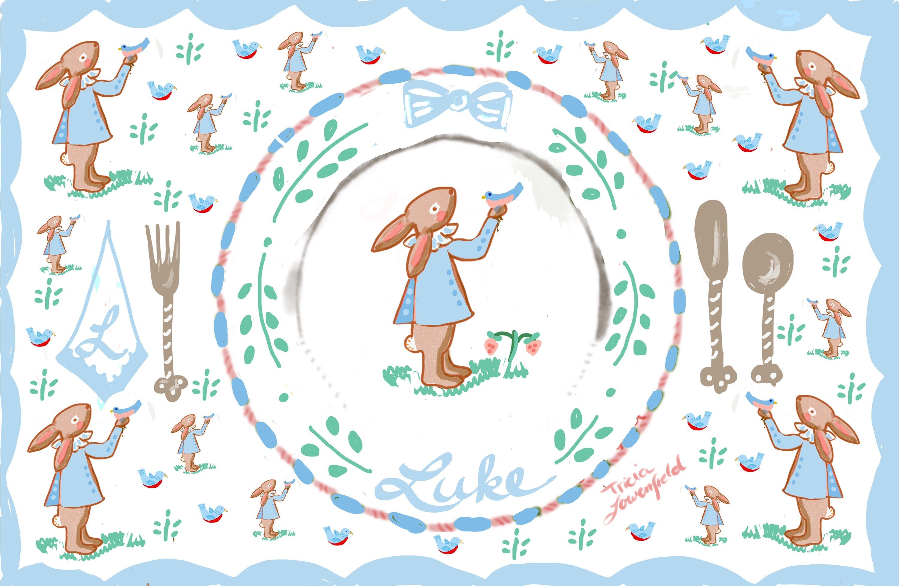 Laminated Placemat - Blue Bunny with Bird - Tricia Lowenfield Design