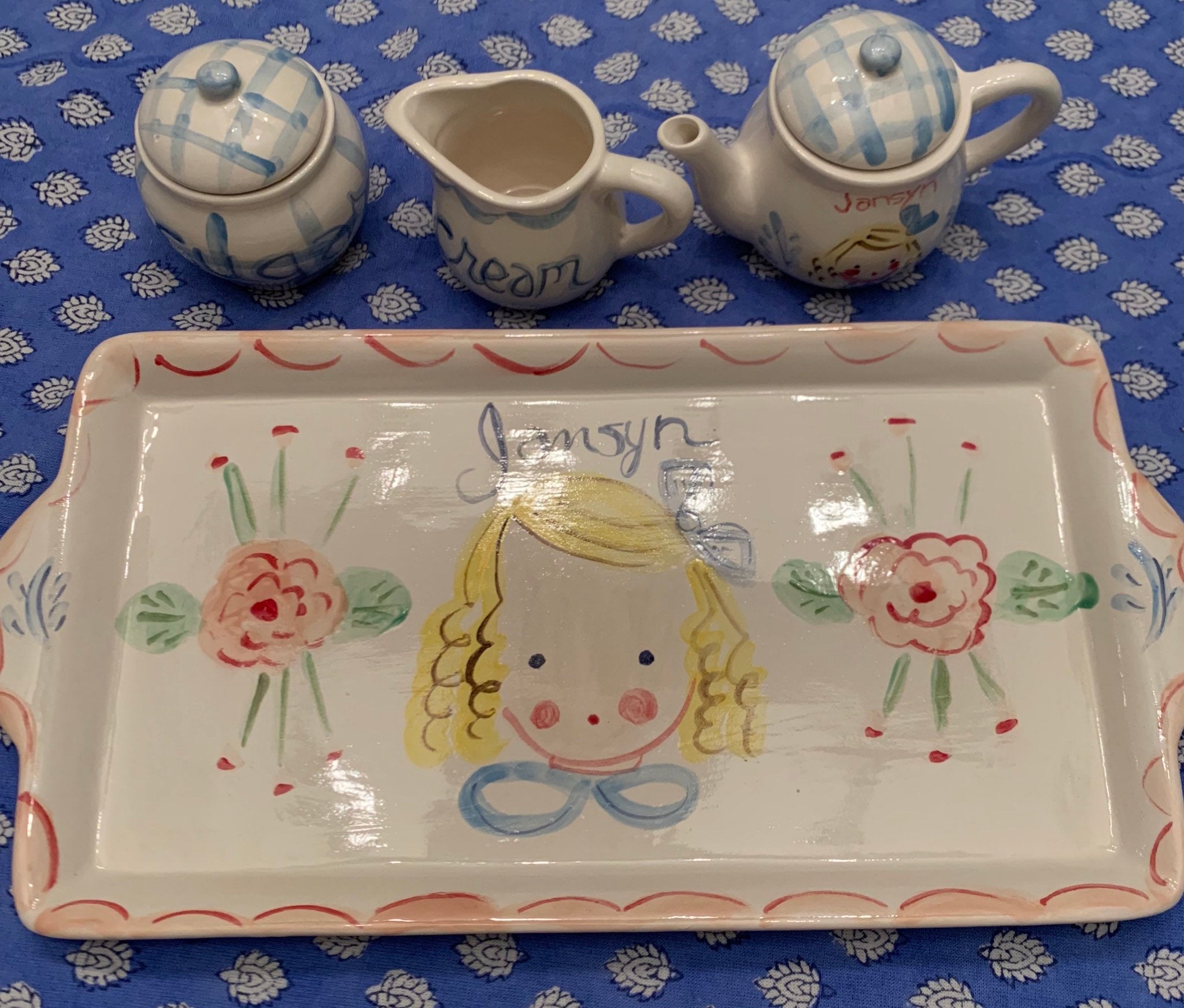 Childrens Tea Set, Blue Gingham tea Set,Personalized,Hand Painted Tea Set, Gift for Girl