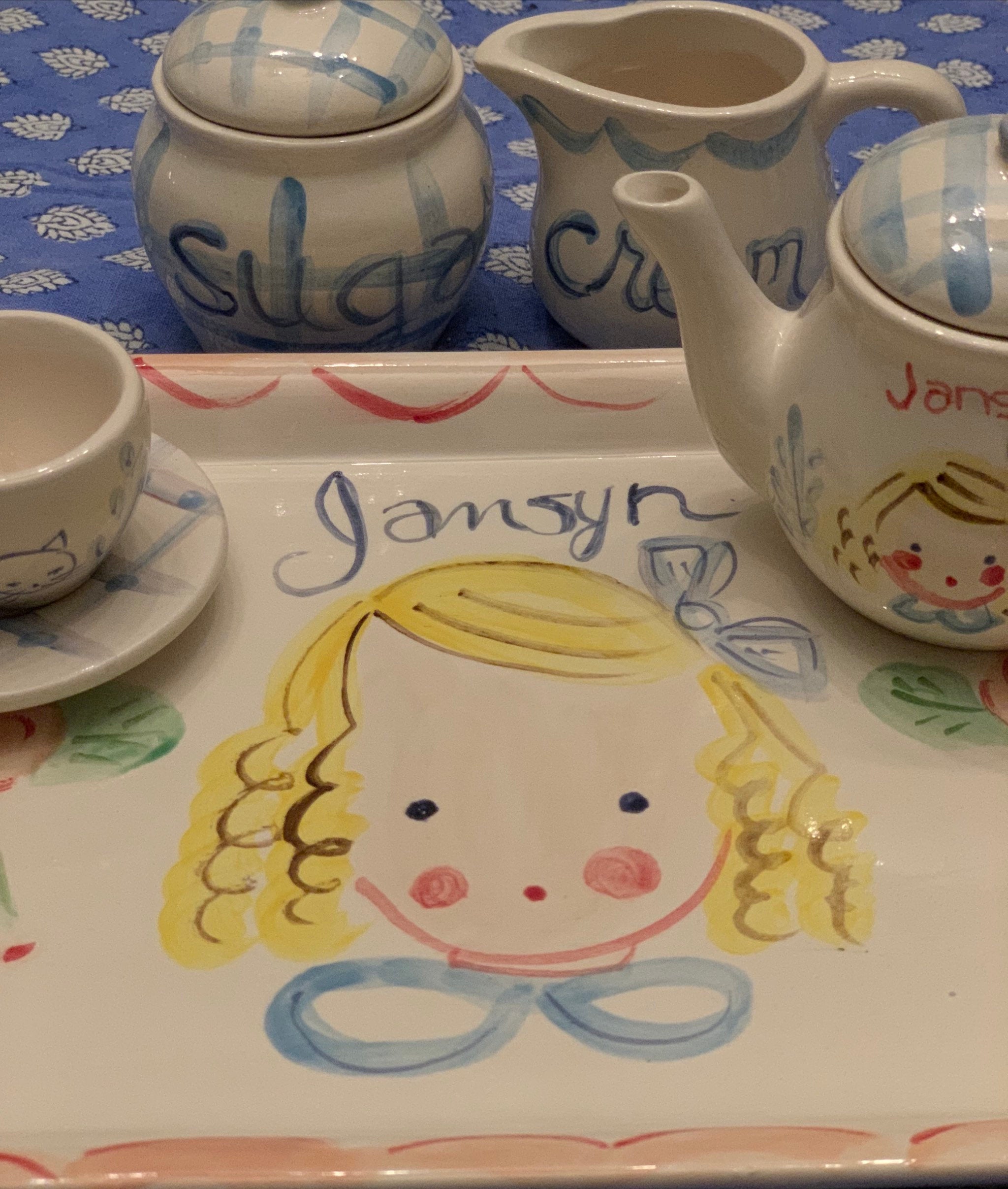 Childrens Tea Set, Blue Gingham tea Set,Personalized,Hand Painted Tea Set, Gift for Girl