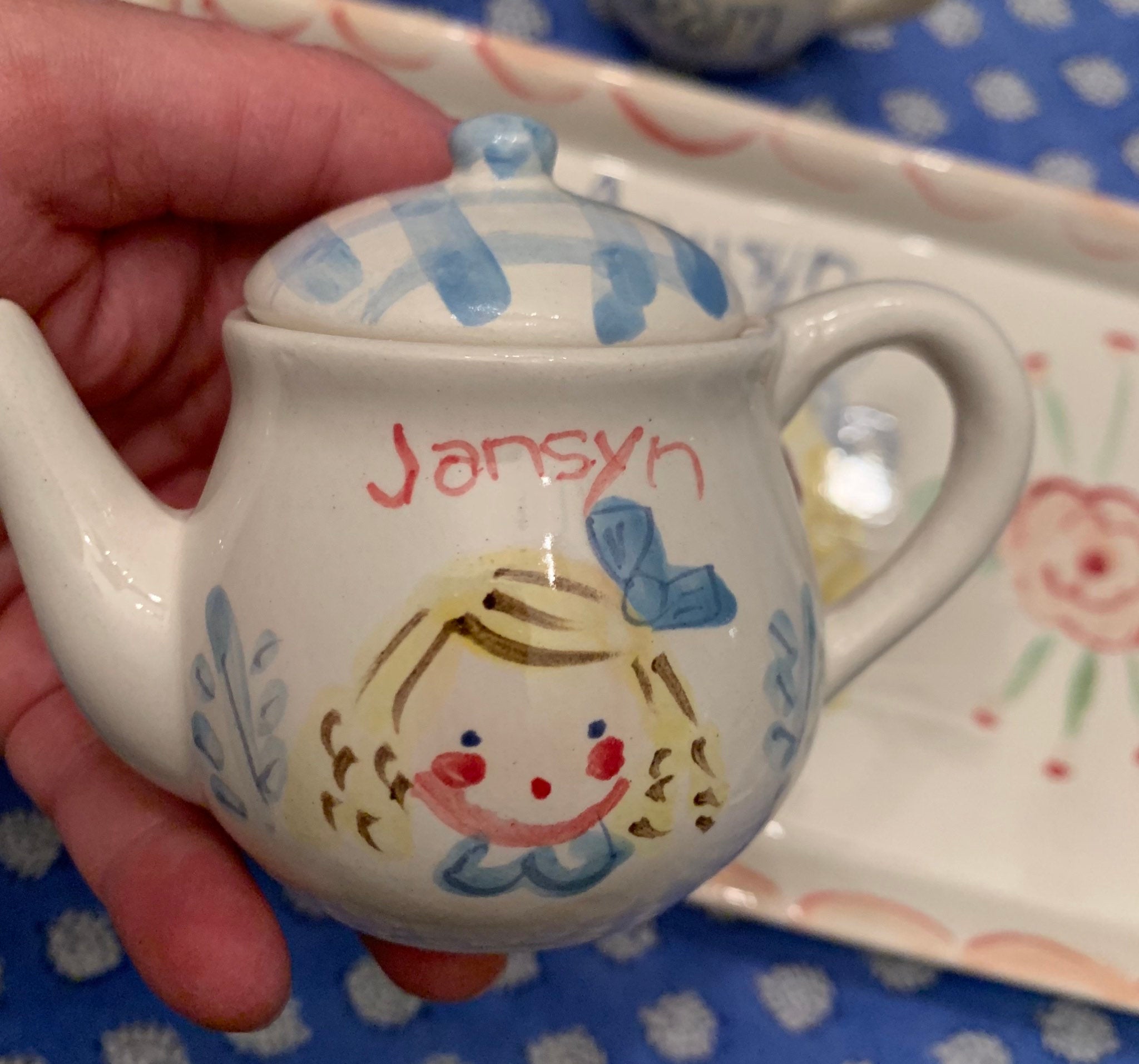 Childrens Tea Set, Blue Gingham tea Set,Personalized,Hand Painted Tea Set, Gift for Girl