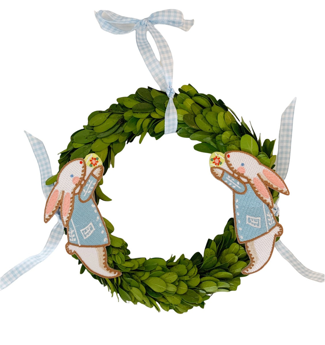 Embroidered Bunny Family Ornaments on Preserved Laurel Wreath