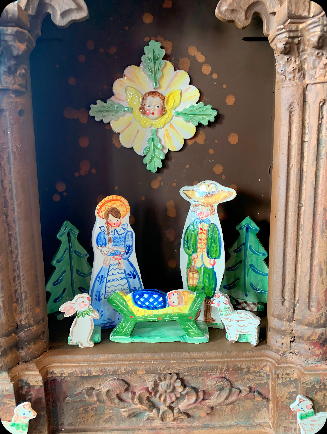 Ceramic Nativity in Custom-Made Wooden Grotto
